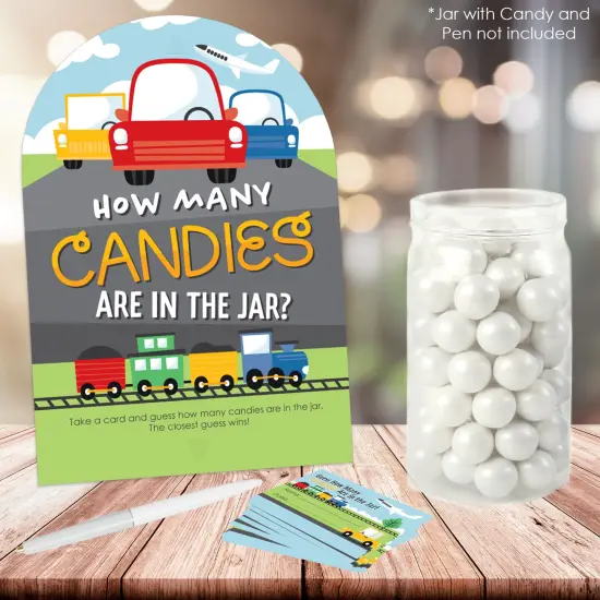 Big Dot of Happiness Cars, Trains, and Airplanes - How Many Candies Transportation Birthday Party Game - 1 Stand and 40 Cards - Candy Guessing Game {3}