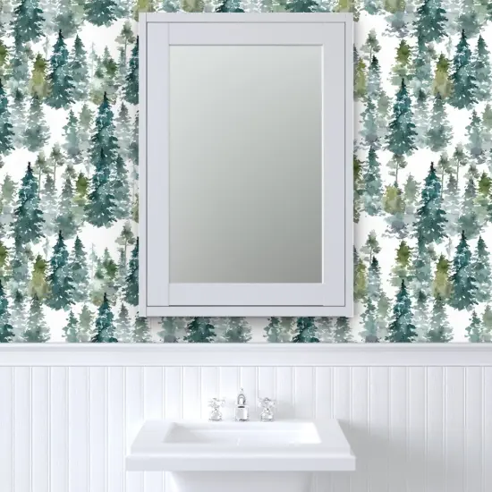 Pre-Pasted Wallpaper 2FT Wide Woodland Pine Trees White Winter Christmas Snowy Watercolor Green Holiday Forest Custom Pre-pasted Wallpaper by Spoonflower {6}