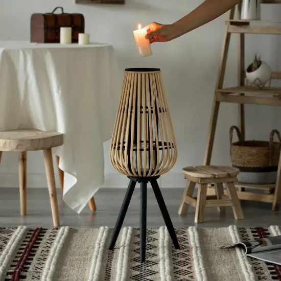 Indoor and Outdoor Modern Natural Bamboo Decorative Lantern with Black Stand and Glass Candle Holder {5}
