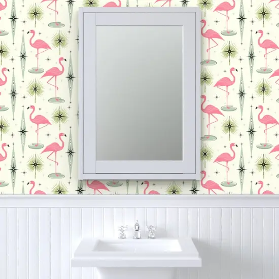 Peel & Stick Wallpaper 2FT Wide Atomic Flamingo Vertical Pink Flamingos Palm Leaves Diamonds Mid Century Retro Fifties 1950S Birds Exotic Custom Removable Wallpaper by Spoonflower {6}