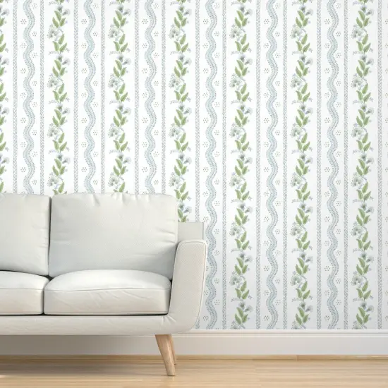 Pre-Pasted Wallpaper 2FT Wide Regency Floral Folk Art Light Blue Leaves Flower Vine Traditional Watercolor Custom Pre-pasted Wallpaper by Spoonflower {5}