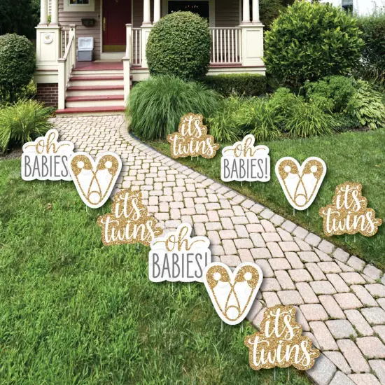 Big Dot of Happiness It's Twins - Lawn Decorations - Outdoor Gold Twins Baby Shower Yard Decorations - 10 Piece {1}