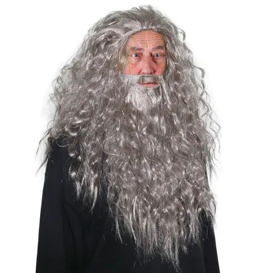 Grey Wig and Beard - Long Gray Wizard Wig and Beard Costume Accessory for Adults and Kids {1}