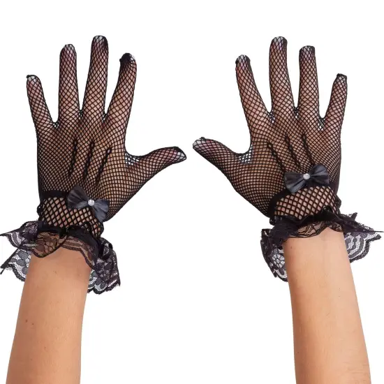 Dress Lace Hand Gloves - Vintage Formal Black Sheer Evening Gloves with Satin Bow and Lace Ruffle Wrist Cuffs for Women and Girls {1}