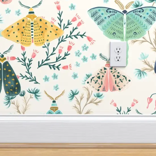 Peel & Stick Wallpaper 2FT Wide Hand Painted Moths Gouache Butterflies Blush Pink Blue Navy Yellow Insect Wings Garden Flowers Pastel Custom Removable Wallpaper by Spoonflower {4}