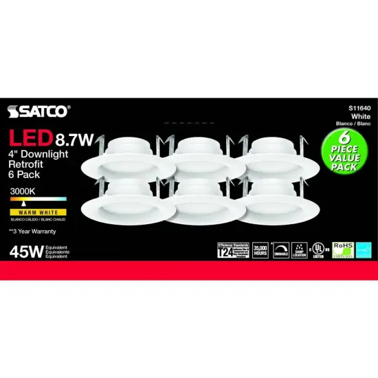 6Pk - Satco 8.7w LED 4-in 3000K Warm White Downlight Retrofit {2}