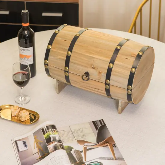 Wooden Wine Barrel Shaped Treasure Chest Vintage Decorative Wine Holder Natural {2}