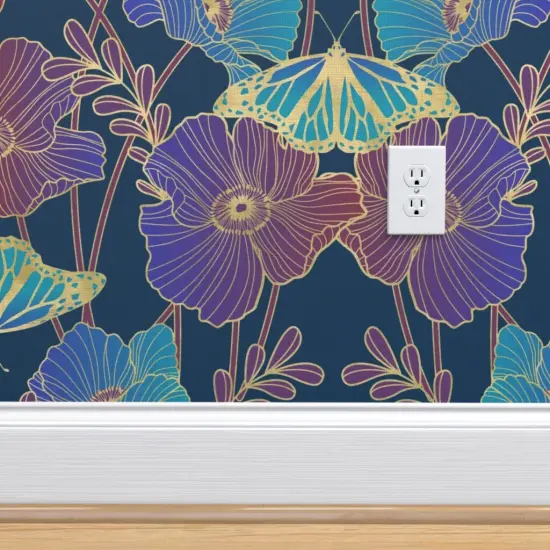 Pre-Pasted Wallpaper 2FT Wide Jewel Tone Poppies Art Nouveau Poppy And Butterfly Blue Aqua Purple Large Scale Floral Custom Pre-pasted Wallpaper by Spoonflower {4}
