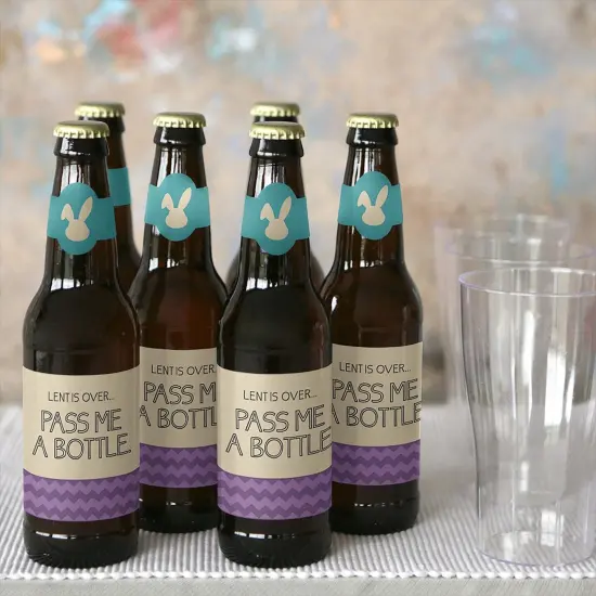 Big Dot of Happiness Hippity Hoppity - Easter Bunny Party Decorations for Women and Men - 6 Beer Bottle Label Stickers and 1 Carrier {6}