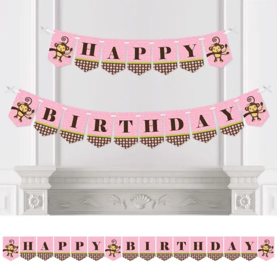 Big Dot of Happiness Pink Monkey Girl - Birthday Party Bunting Banner - Pink Party Decorations - Happy Birthday {1}