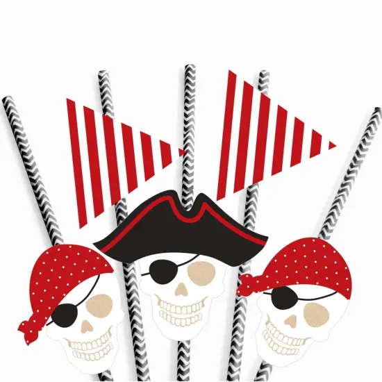 Big Dot of Happiness Beware of Pirates Paper Straw Decor - Pirate Birthday Party Striped Decorative Straws - Set of 24 {7}