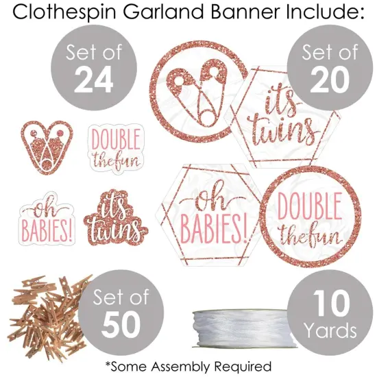 Big Dot of Happiness It's Twin Girls - Pink and Rose Gold Twins Baby Shower DIY Decorations - Clothespin Garland Banner - 44 Pieces {6}