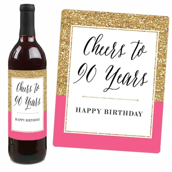 Big Dot of Happiness Chic 90th Birthday - Pink, Black and Gold - Birthday Gift For Women - Wine Bottle Label Stickers - Set of 4 {4}