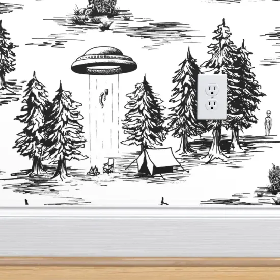 Peel & Stick Wallpaper 2FT Wide Ufo Whimsical Large Scale Black And White Space Alien Custom Removable Wallpaper by Spoonflower {4}