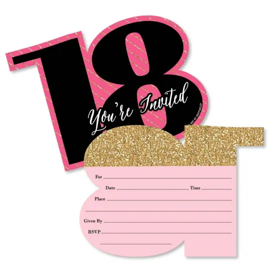 Big Dot of Happiness Chic 18th Birthday - Pink, Black and Gold - Shaped Fill-in Invites - Birthday Party Invitation Cards with Envelopes - Set of 12 {1}