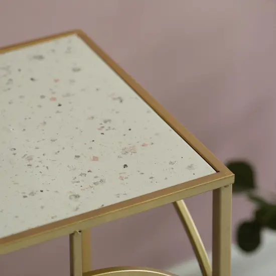 Decorative Gold Metal Square Plant Stand, Modern White Marble Look Top Display End Side Table, Set of 3 {5}