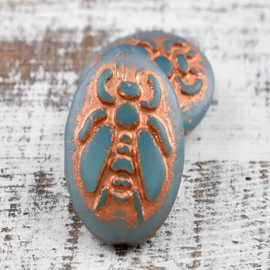 *4* 22x18mm Copper Washed Denim Blue Silk Bumblebee Oval Beads {2}