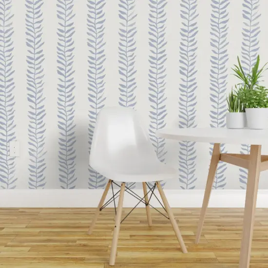 Peel & Stick Wallpaper 2FT Wide Blue Vines Leaf Cream Botanical Plants Leaves Coastal Nautical Seaweed Sky Baby Boy Custom Removable Wallpaper by Spoonflower {1}