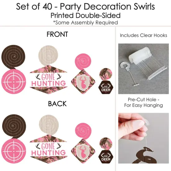 Big Dot of Happiness Pink Gone Hunting - Deer Hunting Girl Camo Baby Shower or Birthday Party Hanging Decor - Party Decoration Swirls - Set of 40 {7}