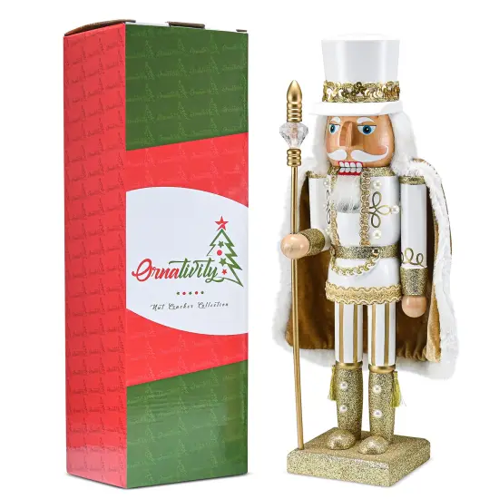 Ornativity Christmas Gold King Nutcracker &ndash; Gold and White Glittered Wooden Nutcracker Man with Gold and White Fur Cape and Staff in Hand Xmas Themed Holiday Nut Cracker Doll Figure Decorations {6}