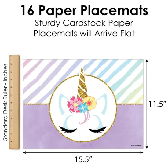 Big Dot of Happiness Rainbow Unicorn - Party Table Decorations - Magical Unicorn Baby Shower or Birthday Party Placemats - Set of 16 {6}