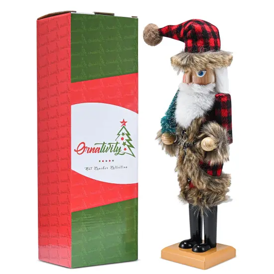 Ornativity Christmas Nostalgic Santa Nutcracker – Red and Black Wooden Nutcracker Man with Buffalo Plaid Coat with Brown Fur Holding a Xmas Tree Themed Holiday Nut Cracker Doll Figure Decorations {6}