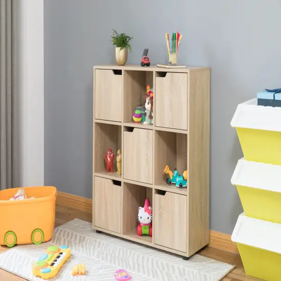 9 Cube Wooden Organizer With 5 Enclosed Doors and 4 Shelves Oak {9}