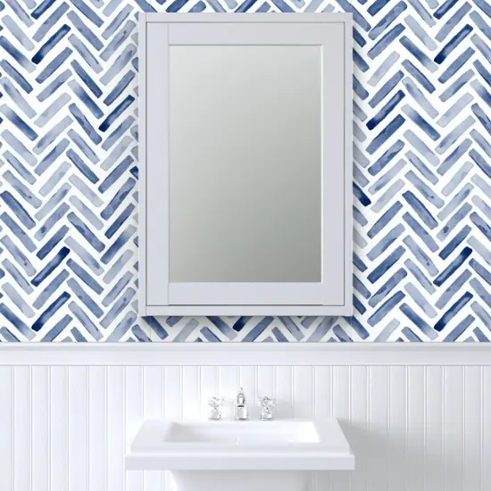 Pre-Pasted Wallpaper 2FT Wide Watercolor Chevron Herringbone Modern Boy Nursery Blue And White Custom Pre-pasted Wallpaper by Spoonflower {6}