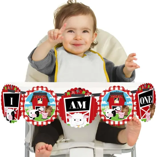 Big Dot of Happiness Farm Animals 1st Birthday Highchair Decor - I Am One - First Birthday High Chair Banner {1}