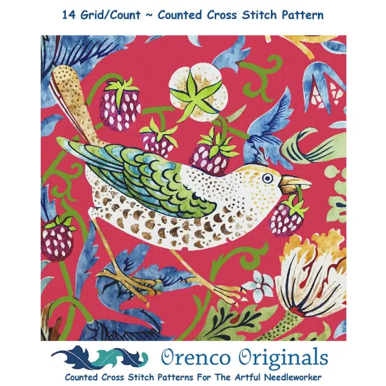 New William Morris Strawberry Thief Detail in Red Counted Cross Stitch Pattern {1}