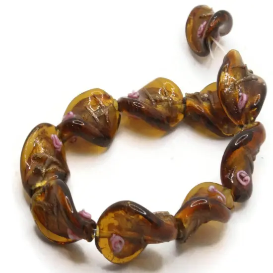 10 20mm Brown with Pink and Green Flower Lampwork Glass Flat Oval Twist Beads {2}