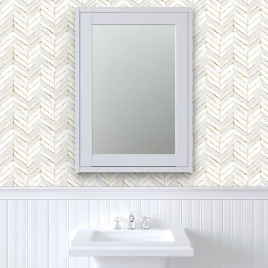 Pre-Pasted Wallpaper 2FT Wide Chevron Painted White Gold Stripe Herringbone Mod Golden Print Look Custom Pre-pasted Wallpaper by Spoonflower {6}
