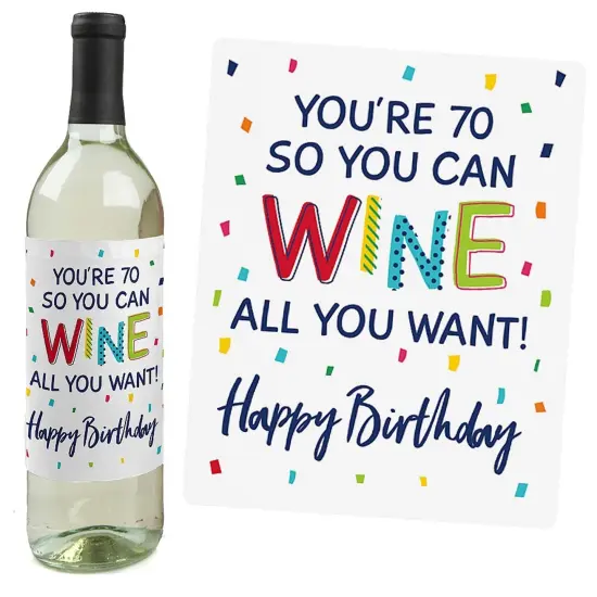 Big Dot of Happiness 70th Birthday - Cheerful Happy Birthday - Colorful Seventieth Birthday Party Decor- Wine Bottle Label Stickers - Set of 4 {6}