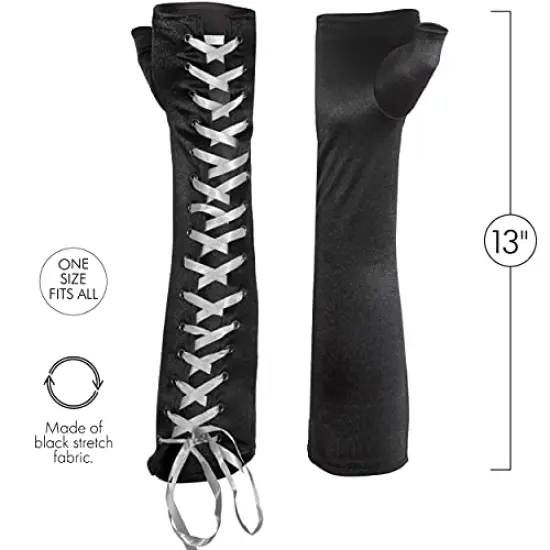 Fingerless Lace Up Gloves - Long Black Costume Elbow Arm Warmer Accessories with White Satin Laced Tie for Dress Up {2}