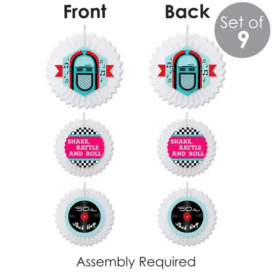 Big Dot of Happiness 50's Sock Hop - Hanging 1950s Rock N Roll Party Tissue Decoration Kit - Paper Fans - Set of 9 {7}