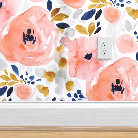 Peel & Stick Wallpaper 2FT Wide Peachy Pink Floral Roses Romantic Navy Mustard Gold Watercolor Blush Coral Custom Removable Wallpaper by Spoonflower {4}