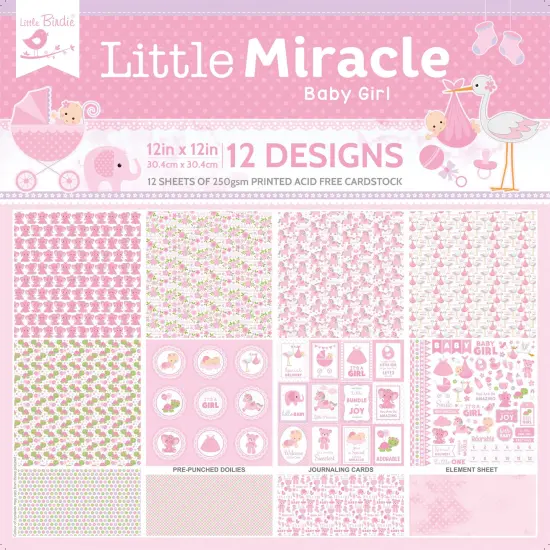 Little Birdie Little Miracle Cardstock Pack 12"X12" 12/Pkg-Baby Girl {1}