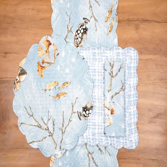 Meraki Island Quilted Reversible Blue Coastal Dining Table Runner {4}