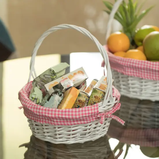 White Round Willow Gift Basket, with Gingham Liner and Handle Pink {3}