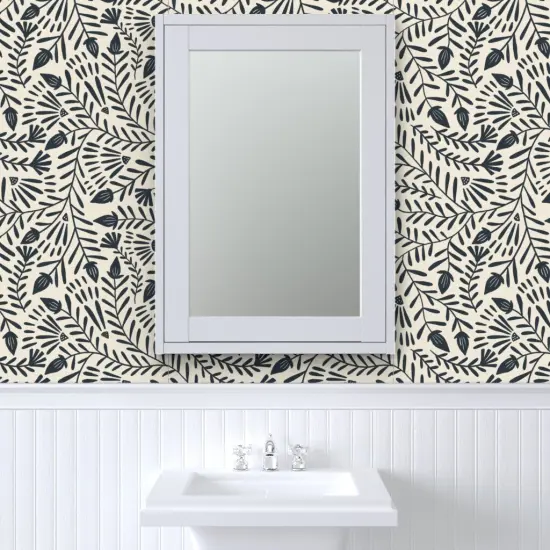 Pre-Pasted Wallpaper 2FT Wide Folk Vines Floral Beige Deep Navy Simple Nature Botanical Farmhouse Custom Pre-pasted Wallpaper by Spoonflower {6}
