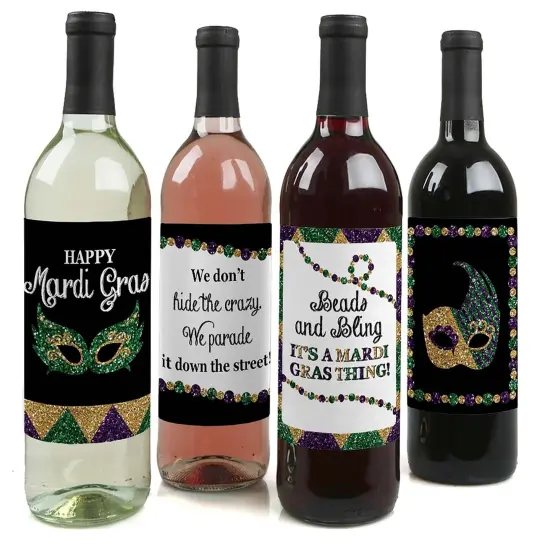Big Dot of Happiness Mardi Gras - Masquerade Party Decorations for Women and Men - Wine Bottle Label Stickers - Set of 4 {1}