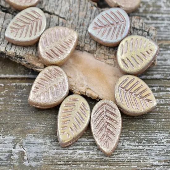 *15* 16x12mm Pink AB Washed Metallic Champagne Top Drilled Dogwood Leaf Beads {5}
