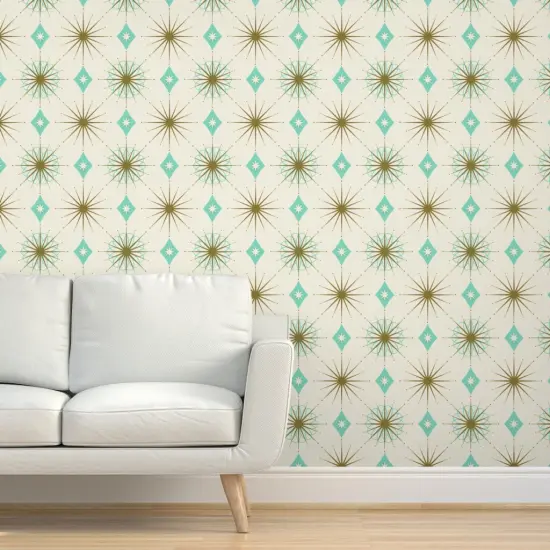 Pre-Pasted Wallpaper 2FT Wide Retro Diamond 1950S Starburst Mid-Century Atomic Mid Century Modern Mcm Custom Pre-pasted Wallpaper by Spoonflower {5}