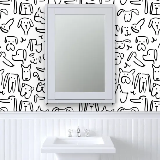 Pre-Pasted Wallpaper 2FT Wide Doodle Dogs Black And White Cute Modern Whimsical Dog Custom Pre-pasted Wallpaper by Spoonflower {6}