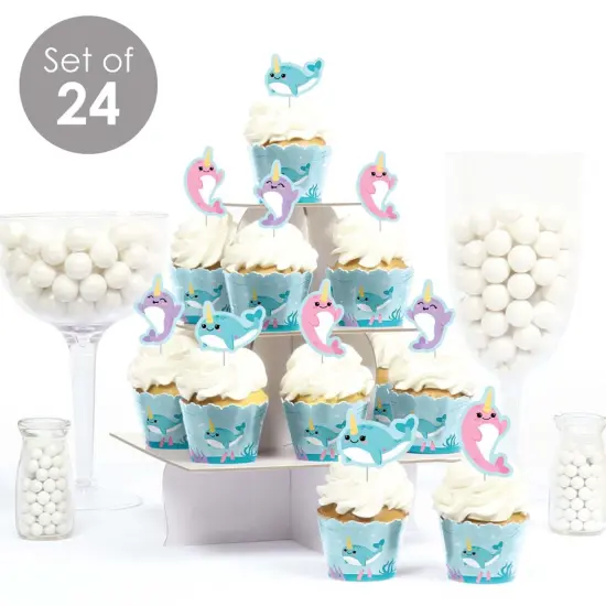 Big Dot of Happiness Narwhal Girl - Cupcake Decoration - Under The Sea Baby Shower or Birthday Party Cupcake Wrappers and Treat Picks Kit - Set of 24 {3}