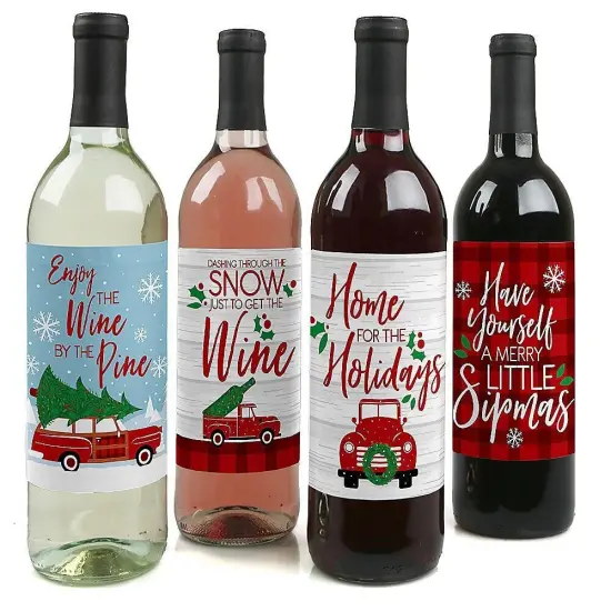 Big Dot of Happiness Merry Little Christmas Tree - Red Truck and Car Christmas Party Decor for Women and Men - Wine Bottle Label Stickers - Set of 4 {1}