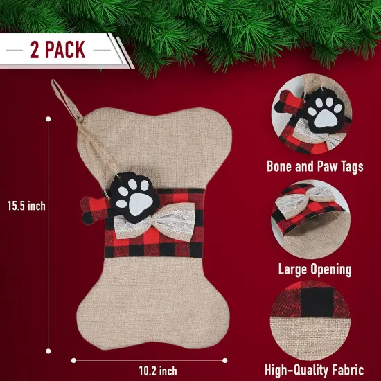 Ornativity Christmas Plaid Pet Stocking - Cute Buffalo Plaid Doggy Bone Paw Stockings for Puppy Dog Pets Set - Pack of 2 {5}