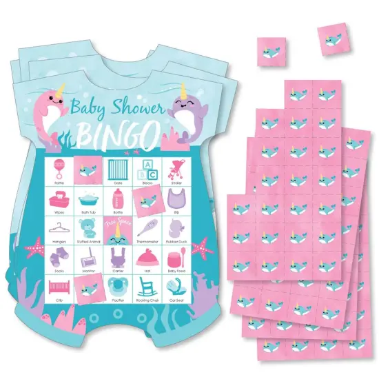 Big Dot of Happiness Narwhal Girl - Picture Bingo Cards and Markers - Under The Sea Baby Shower Shaped Bingo Game - Set of 18 {1}