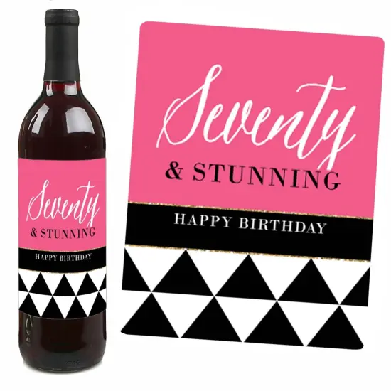 Big Dot of Happiness Chic 70th Birthday - Pink, Black and Gold - Birthday Gift For Women - Wine Bottle Label Stickers - Set of 4 {7}