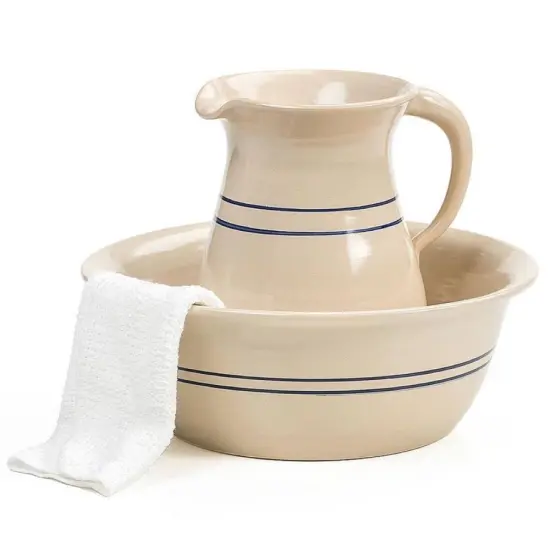 Martinez Pottery Heritage Blue Stripe Stoneware Wash Basin and Pitcher Set {1}